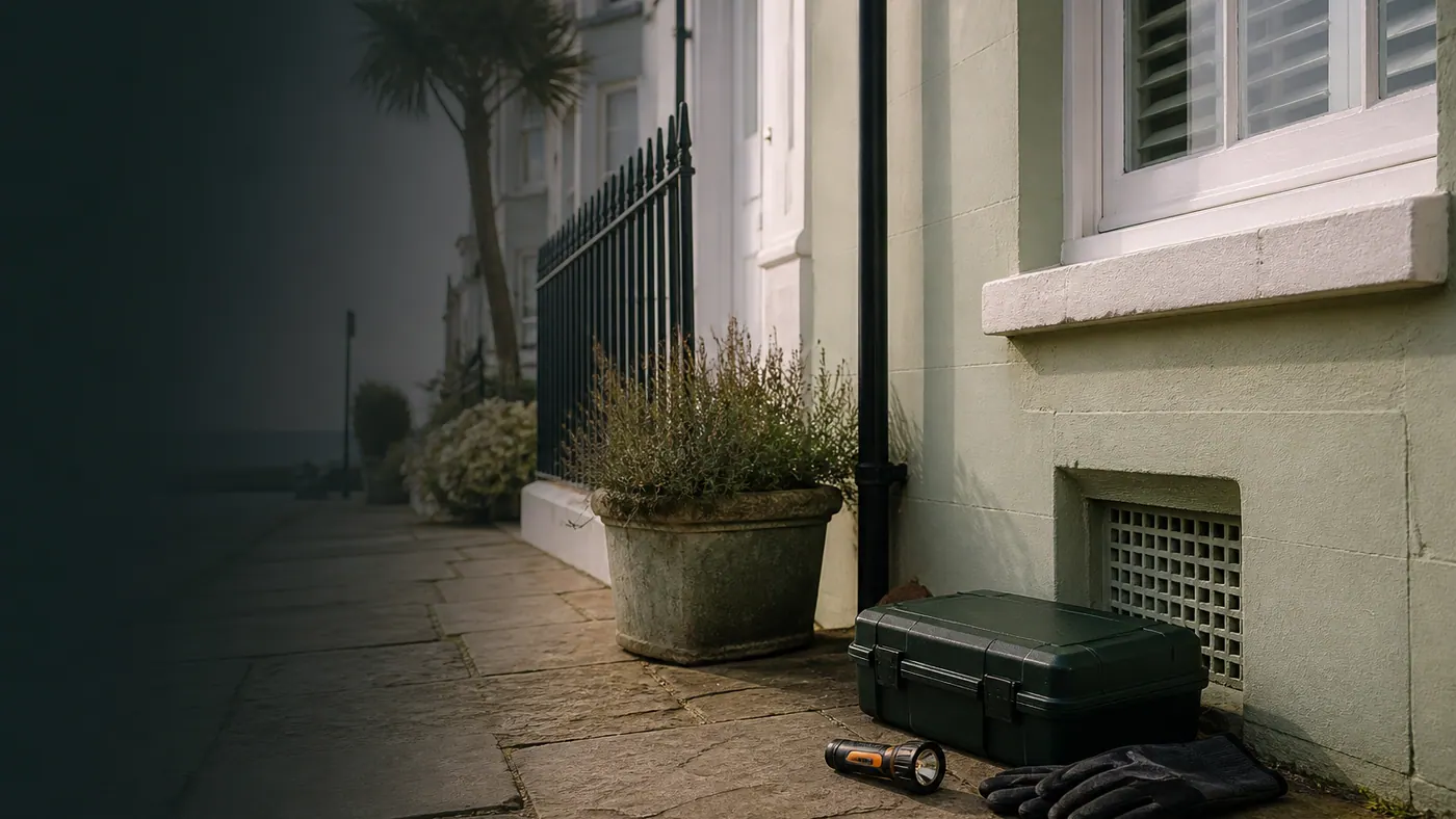 Professional pest-control equipment outside a coastal Deal property
