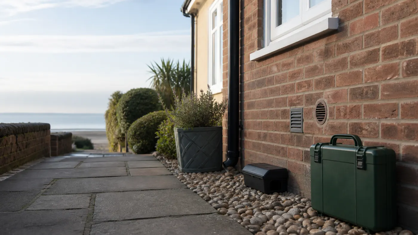 Pest-control inspection equipment outside a coastal Herne Bay property