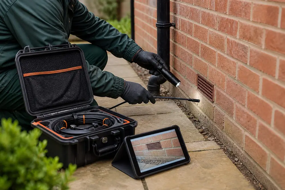 Pest control technician inspecting a possible exterior access point
