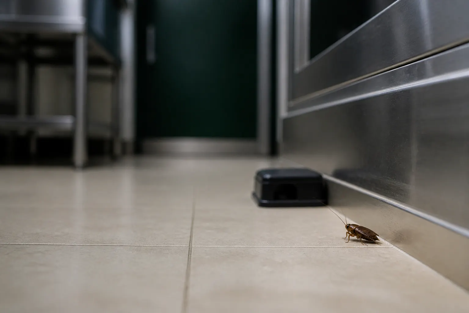 Cockroach near an insect monitoring point at a commercial kitchen edge