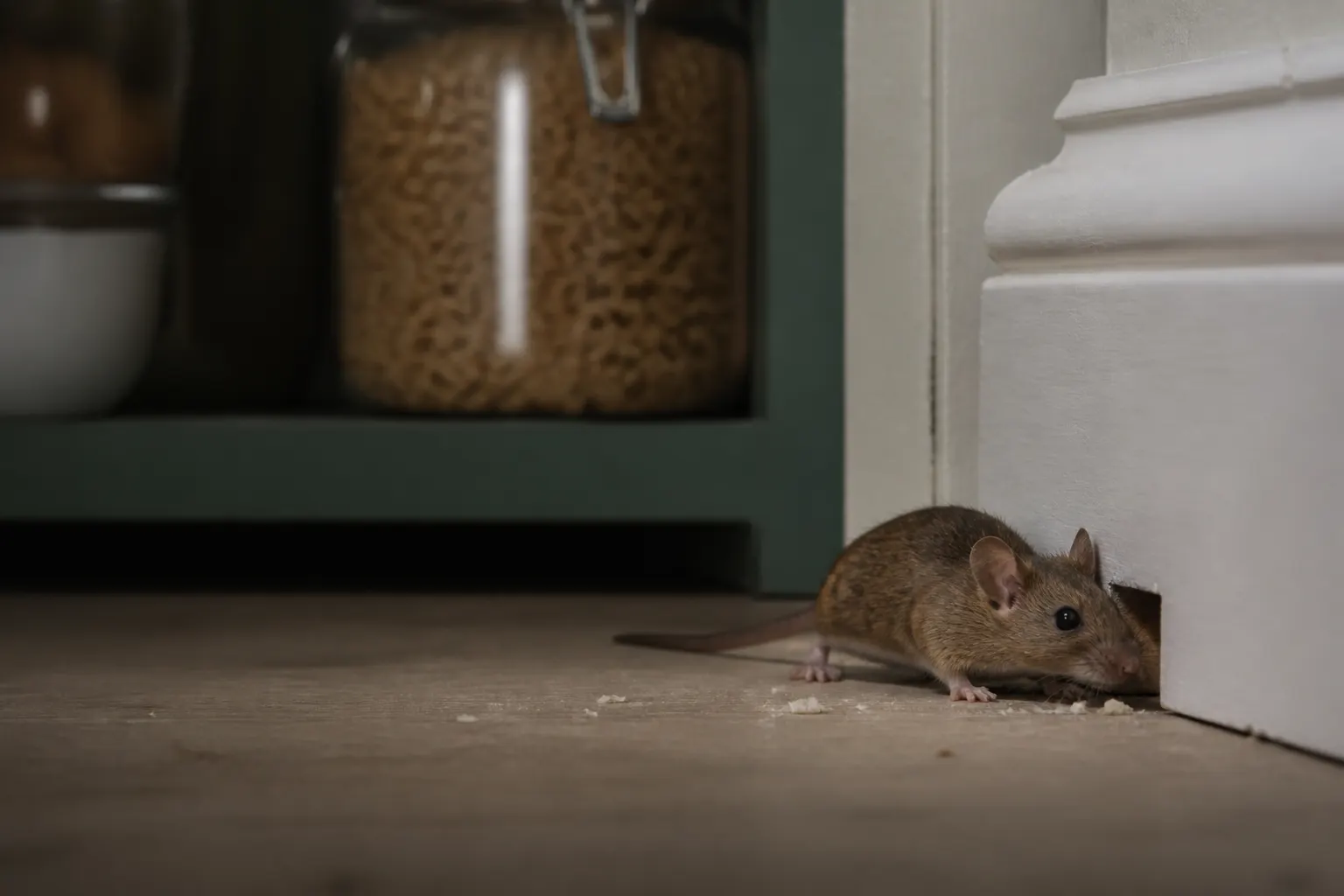 House mouse beside a small gap at the base of a skirting board