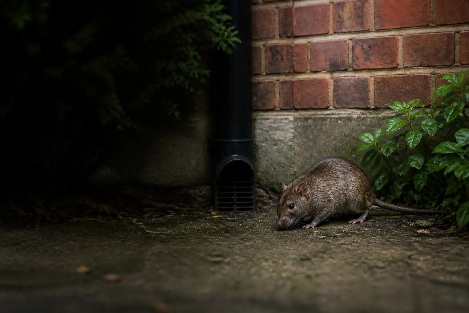 Brown rat near a drain beside a brick property in Kent