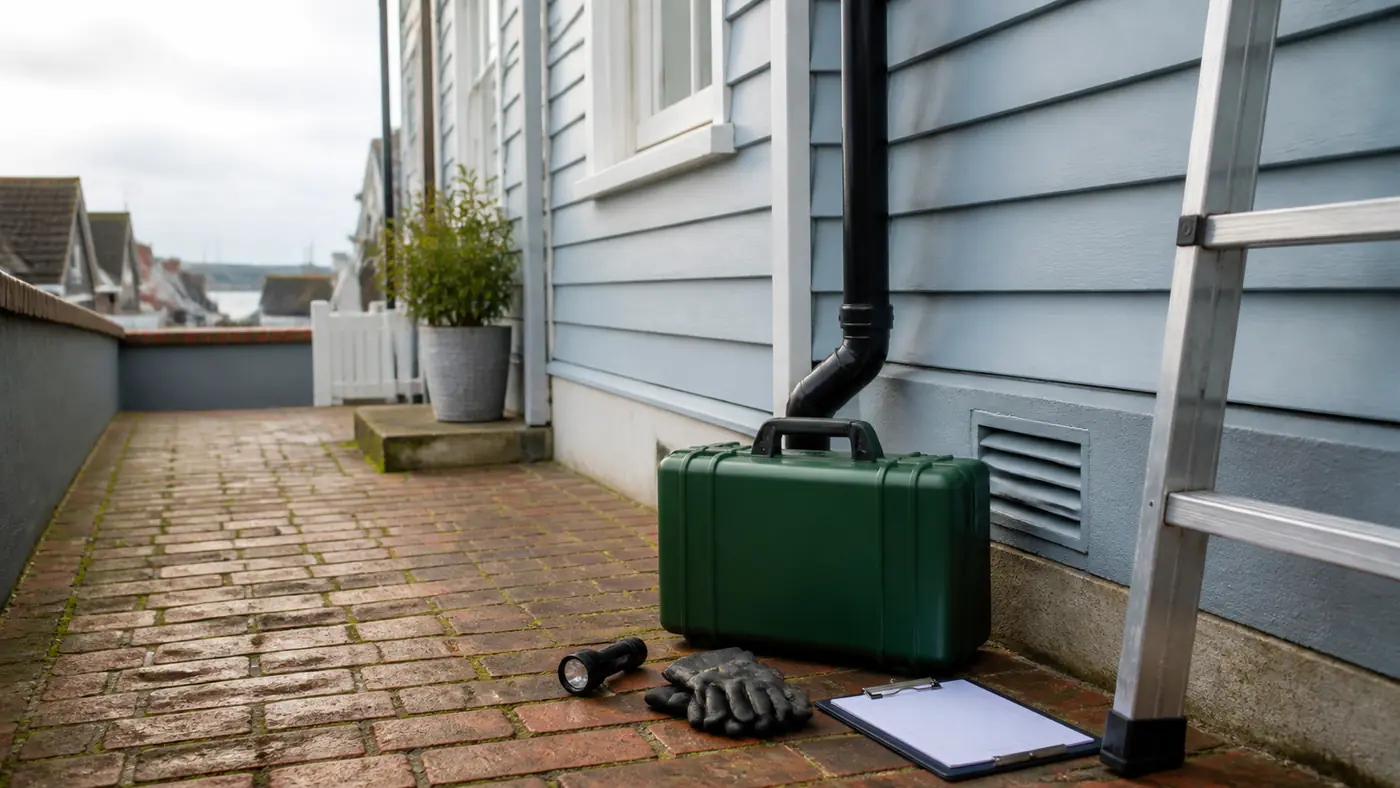 Professional pest-control inspection equipment outside a Whitstable coastal property